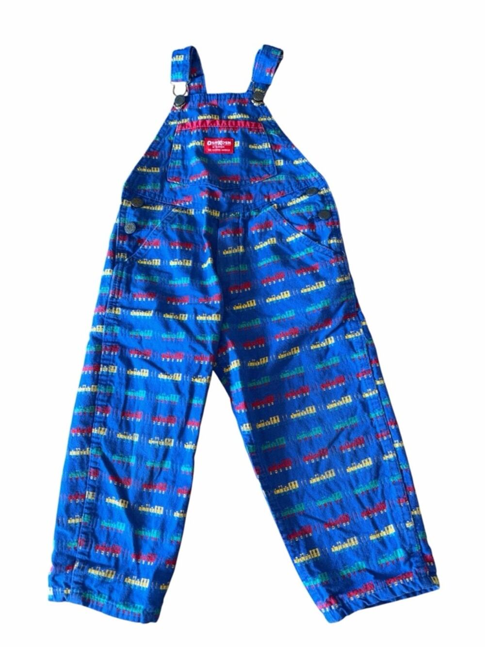 OshKosh B'gosh Bright Blue Overalls with Red, Yellow and Green Train Print